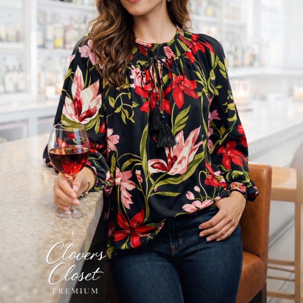 Venus Floral Peasant Blouse Black Long Sleeve Tassel Top Size 2